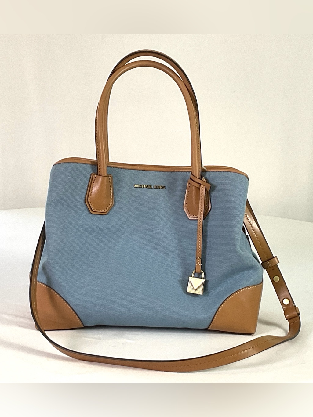 Michael Kors Blue Canvas Satchel With Tan Leather Trim
